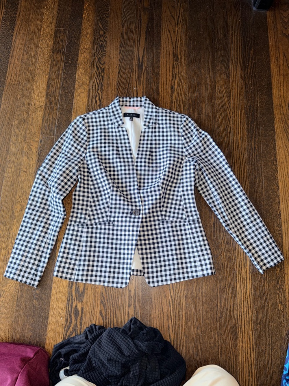 Talbots Black and White Gingham linen Blazer 2
